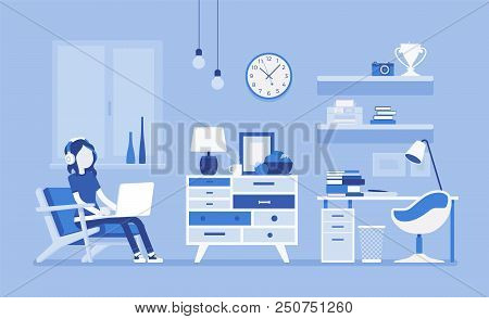 Girl Room Interior Design. Female Modern Apartment Project, Teenage Private Space With Furniture And