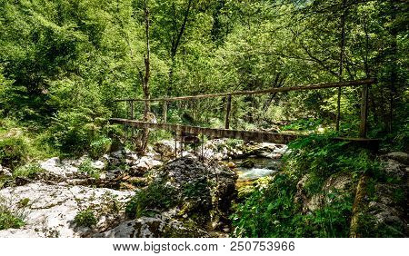 Idyllic Mountain River In Lepena Valley, Soca - Bovec Slovenia.