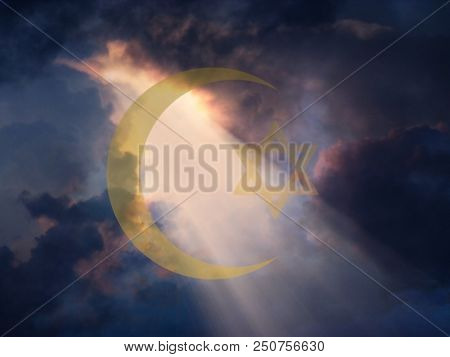Dream of Peace. Jewish David Star and Muslim Crescent. 3D rendering