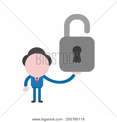 Vector Cartoon Illustration Concept Of Faceless Businessman Mascot Character Holding Open Padlock Sy