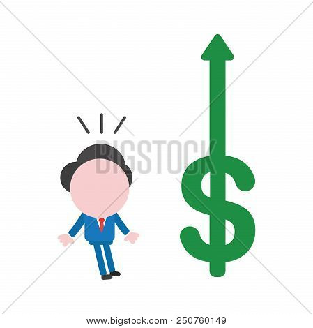 Vector cartoon illustration concept of faceless businessman mascot character looking dollar money symbol icon moving up.