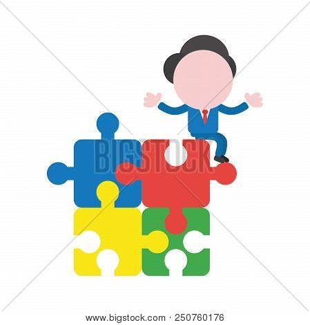 Vector cartoon illustration concept of faceless businessman mascot character sitting on blue, red, yellow and green connected jigsaw puzzle pieces symbol icon.