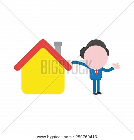 Vector Cartoon Illustration Concept Of Faceless Businessman Mascot Character Leaning On Yellow House