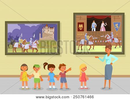Art Museum Excursion For Schoolkids With Guide. Vector Flat Style Design Illustration.