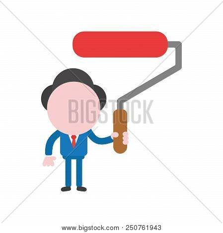 Vector Cartoon Illustration Concept Of Faceless Businessman Mascot Character Holding Red Paint Rolle