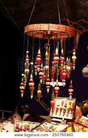 Colorful Christmas Baubles On A Stall In A Christmas Market, Cologne, Germany