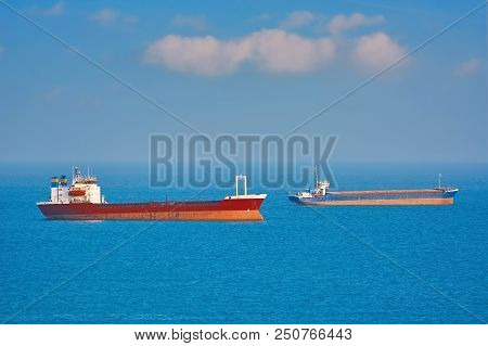 Dry Cargo Ships At Anchorage In The Black Sea Bay