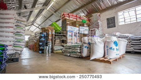 Johannesburg, South Africa - 1 February - 2017: Livestock Feeds Supplier. Warehouse Full Of Animal F