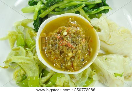 Horseshoe Crab Chili Paste Eat Couple With Variety Boiled Vegetable On Plate