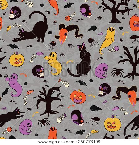 Cute Halloween Cartoon Pattern, Hand Drawn Cat, Ghost, Pumpkin, Bat, Seamless Vector Illustration Fo