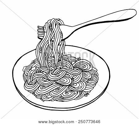 Doodle Noodle At Plate And Fork. Hand Drawing