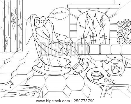 Childrens Coloring Book Cartoon. The Interior Of The House, The Fairy Dwarf Sleeps Near The Fireplac