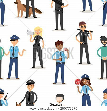 Policeman Characters Funny Cartoon Man Person Uniform Cop Standing People Security Vector Illustrati