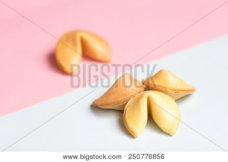 Fortune Cookie On Pink And Blue Background, Pastel Colors