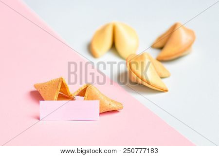 Fortune Cookie On Pink And Blue Background, Pastel Colors