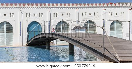Foreground Bridge On The Back Facade Of Moruno Building In The City Of Castellon, Spain