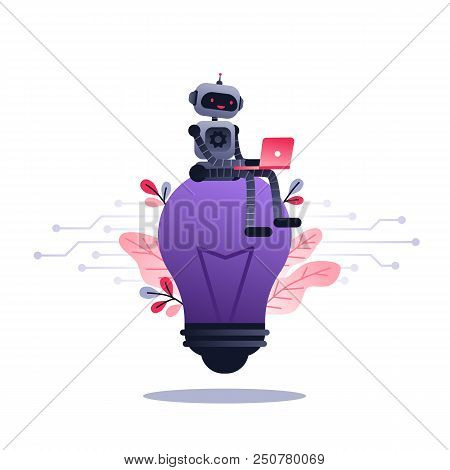 Machine Learning Algorithm Concept With Artificial Neural Network, Deep Learning. Robot With Laptop 