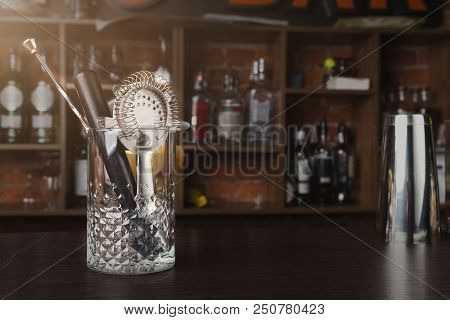 Bartender Tools. Set Of Accessories For Making Cocktails On Bar Counter, Copy Space