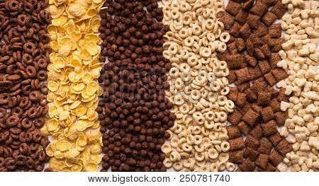 Collection Of Different Cereals And Flakes Background, Top View