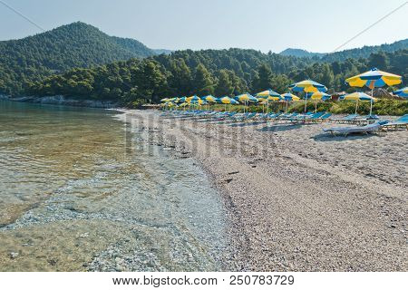 Calm And Crystal Clear Turquoise Sea Water At Morning, Milia Beach, Island Of Skopelos, Greece