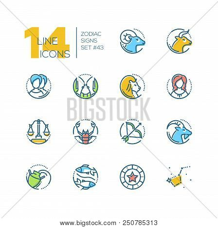 Zodiac Signs - Set Of Line Design Style Colorful Icons On White Background. Pictograms With Aries, T