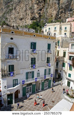 Atrani, Italy - June 03, 2012: The Village Of Atrani, Coast Of Amalfi, Campania, Italy, Europe