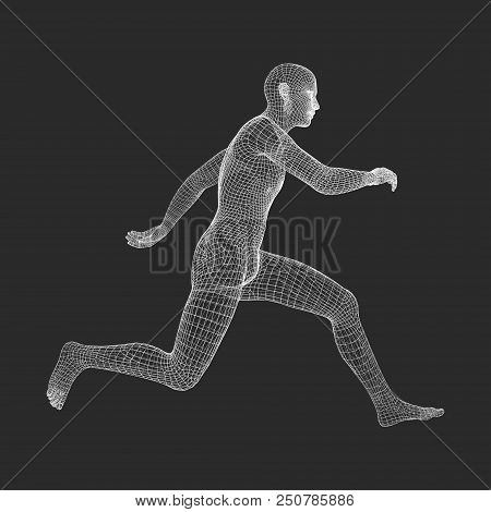 3d Running Man. Human Body Wire Model. Sport Symbol. Low-poly Man In Motion. Vector Geometric Illust