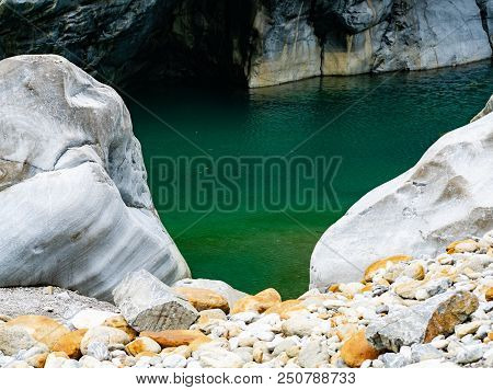 Marble Rocks And Colorful Clear Blue Water In Taroko Gorge National Park In Hualien Taiwan