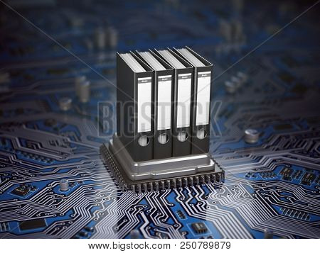 Database  archive data storage concept. Binders on CPU processor and motherboard. 3d illustration
