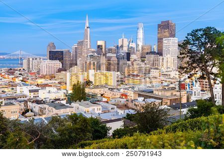 San Francisco downtown skyline Aerial view at sunset from Ina Coolbrith Park Hill in San Francisco, California, USA.