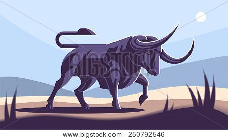 Bull In Nature. Field, Wild Nature. Vector Illustration.