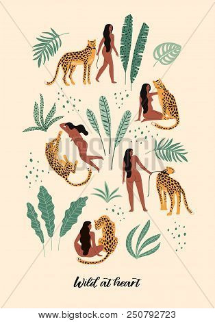 Wild At Heart. Vector Illustrations Of Woman With Leopard And Tropical Leaves. Trendy Design For Car