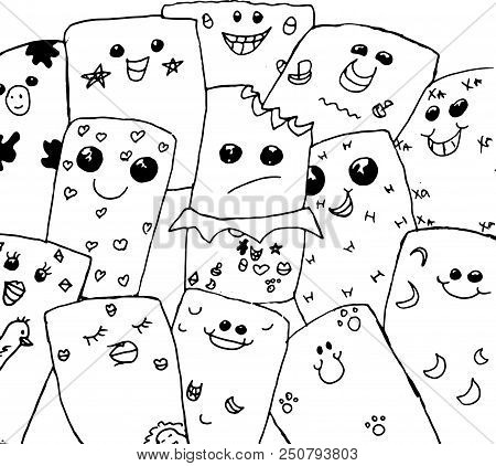 Doodle Background. Funny Face. Black And White Vector Illustration