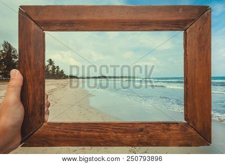 Ocean Beach Landscape In Photoframe For Memory. Tropical Climate Nature And Fantastic View On Calm B