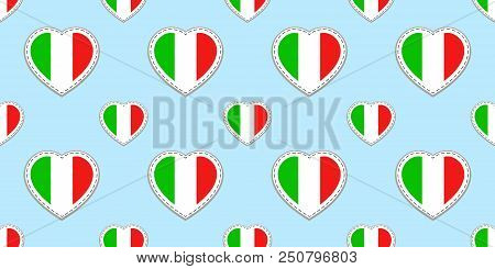 Italian flag seamless pattern. Vector Italy flags stickers. Love hearts symbols. Language courses, sports pages, travel, geographic, cartographic elements. Patriotic design. Vector illustration