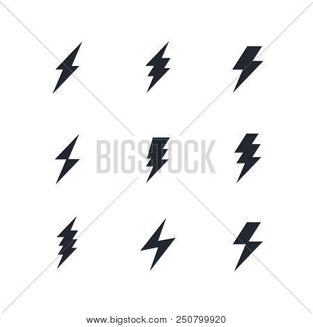 Set Of The Bolts Of Lightning. Vector Minimalistic Flash Icons. Thunder Elements. Flat Design