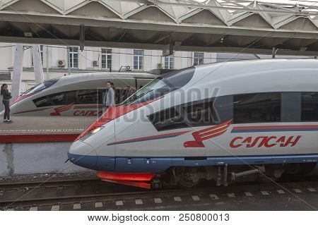 The High Speed Passenger Train Sapsan On The Platform Of The Leningrad Station.