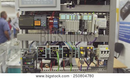 Control Panel In The Factory. Switch Control , Many Electronic Devices. Electric Stand With Devices 