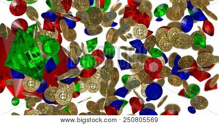 Rain Of Vintage Gold Coins With Skulls And Jemstones On White Background. Pirate Treasure. 3d Render