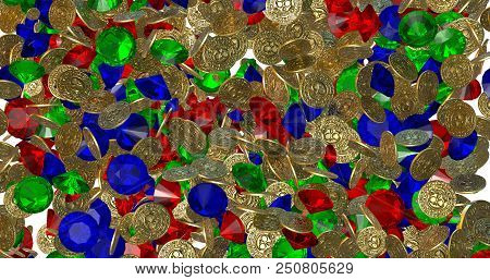 Rain Of Vintage Gold Coins With Skulls And Jemstones On White Background. Pirate Treasure. 3d Render