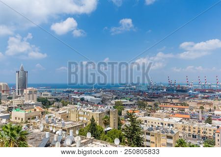 Haifa, Israel - July 20, 2018: View Of The Downtown District Of Haifa, And The Harbor From Hadar Hac