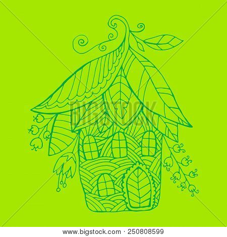Fairy House In The Form Of Flowers And Leaf, Green Contur Color, Children S Color Illustration. Patt