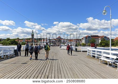 Sopot, Poland - June 6, 2018: Wooden Sopot Pier In Sunny Day. It Is The Longest Wooden Pier In Europ