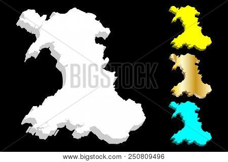 3d Map Of Wales(cymru) - White, Yellow, Blue And Gold - Vector Illustration