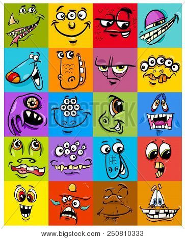 Cartoon Illustration Of Monsters Fantasy Characters Faces Set Or Packing Paper Design