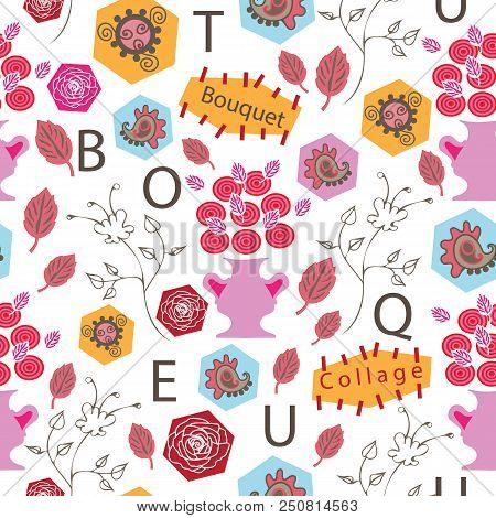Bouquet Collage-flowers In Bloom Seamless Repeat Pattern. Colourful Pattern Background. Surface Patt