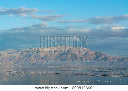 Sunset Over Lowest Salty Lake In World Below Sea Level Dead Sea, Full Of Minerals Near Luxury Vacati