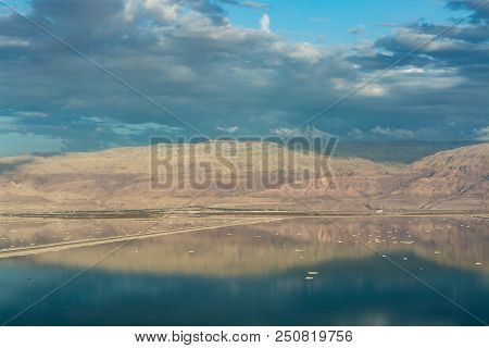 Sunset Over Lowest Salty Lake In World Below Sea Level Dead Sea, Full Of Minerals Near Luxury Vacati