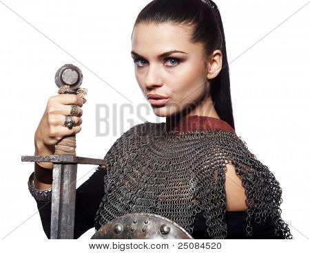 Portret średniowiecznych kobiet rycerza w zbroi