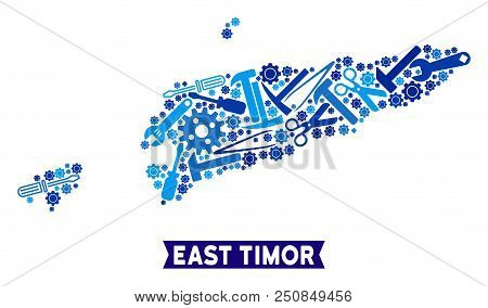 Equipment East Timor Map Mosaic Of Cogs, Spanners, Hammers And Other Hardware. Abstract Territorial 